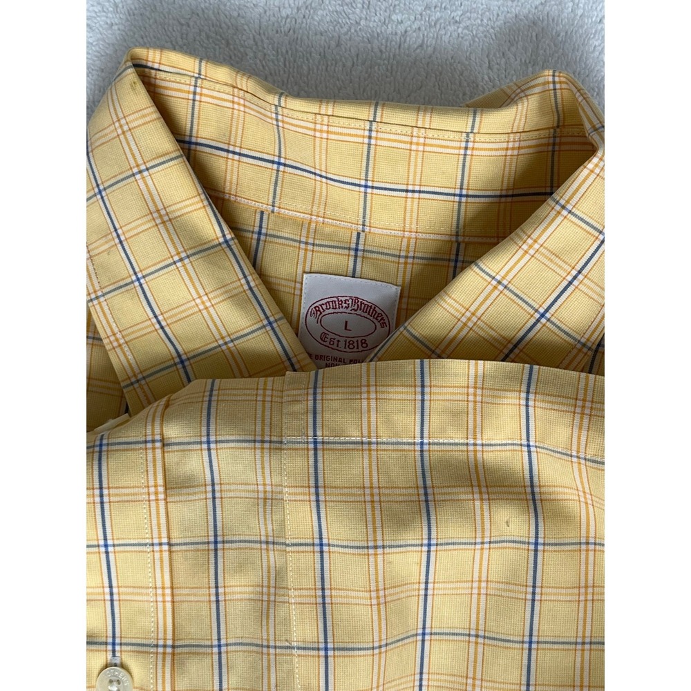 Brooks Brothers Mens Yellow Plaid Short Sleeve Button Down Shirt Size L Non Iron